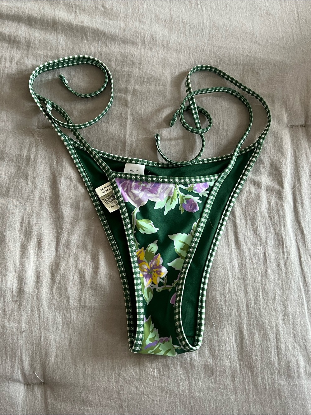aerie Green Floral Gingham-Trim Bikini Bottom